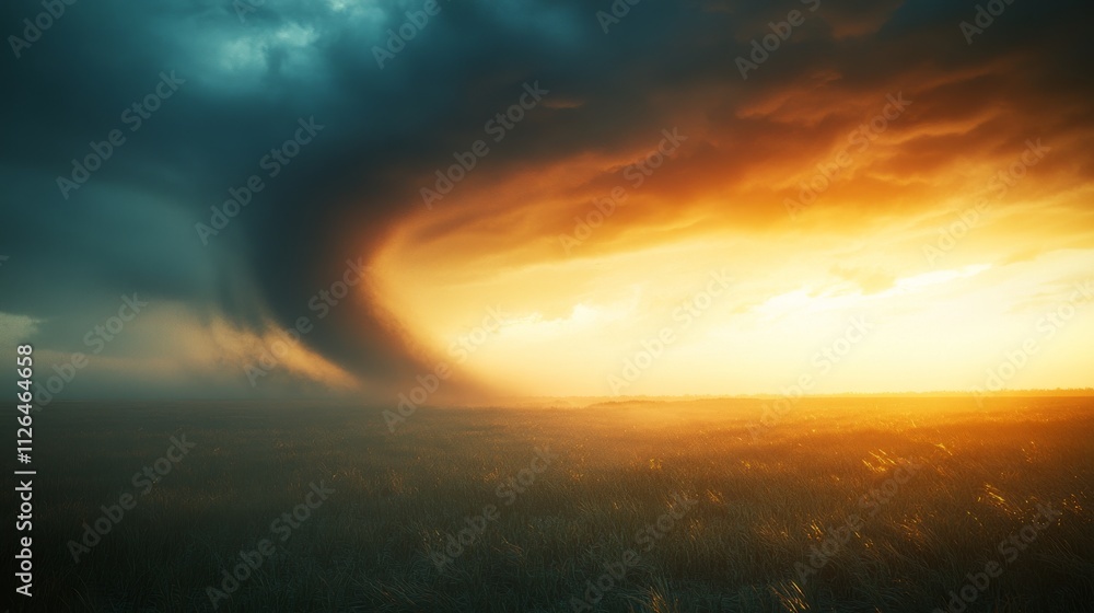 A tornado moving across a prairie at sunset, with the sky filled with a mix of vibrant reds and dark storm clouds A tornado moving across a prairie at sunset, with the sky filled with a mix of vibrant reds and dark storm clouds