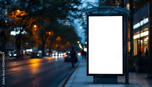 Blank Mockup Of Bus Stop Vertical Billboard On The Sidewalk At Night. Front View Of White Empty Outdoor Advertising Screen 