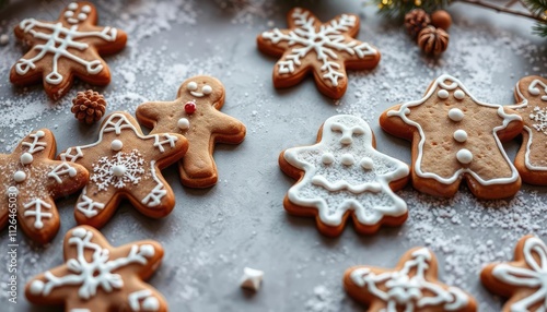 A festive display of decorated gingerbread cookies on a snowy surface.