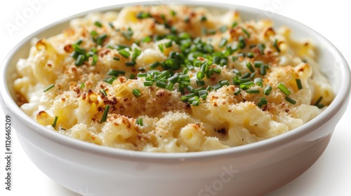 A creamy mac and cheese, isolated on a white background