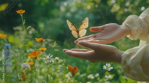 lifestyle photograph of hands gently releasing a butterfly, set in a vibrant summer setting. Sense of freedom and connection to nature