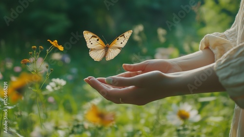 Woman hands releasing butterfly. Sense of freedom and connection to nature
