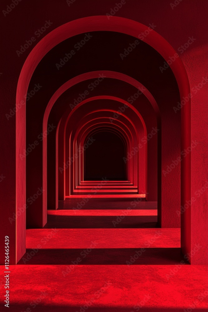 Fototapeta premium An arched corridor in red, minimalistic, dark background