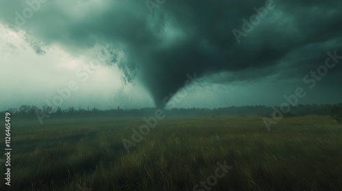 A tornado moving across a prairie with a distant forest barely visible through the storm, the sky dark and menacing