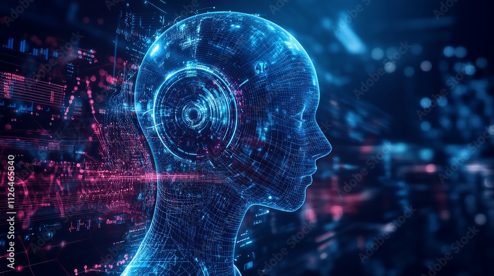 AI-generated music on an abstract techno background. The concept of artificial intelligence in programming and the Internet. AI-generated music on an abstract techno background. The concept of artificial intelligence in programming and the Internet.