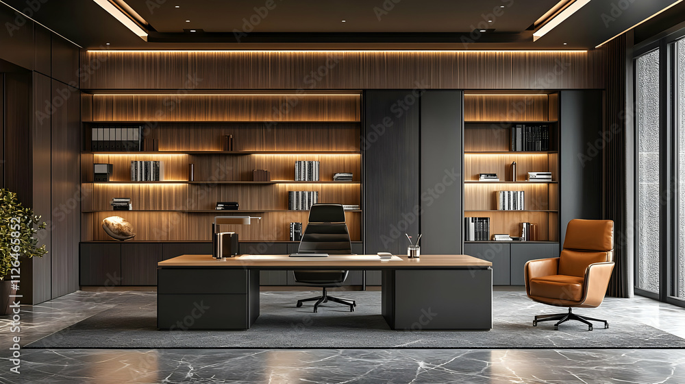 Modern Office Design: Elegant Wood & Dark Accents Modern Office Design: Elegant Wood & Dark Accents