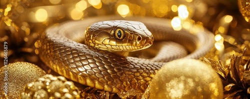 A gold snake wrapped around golden festive decorations. 2025 year of the snake photo