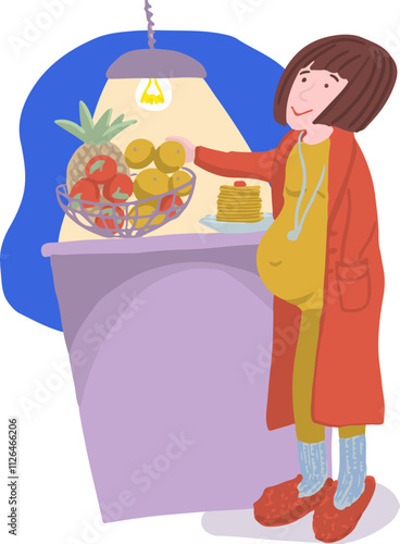 Woman Pregnant Open Refrigerator for Food. Overeating Guilty Pleasure. Late Snack on Midnight.Unhealthy Bad Habbits in Vector Illustration. Overweight Diet. Junk Food Addiction Banner Image.