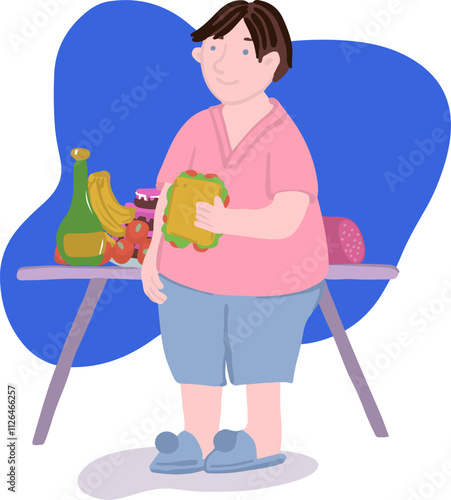 Man Open Refrigerator for Food. Overeating Guilty Pleasure. Late Snack on Midnight.Unhealthy Bad Habbits in Vector Illustration. Overweight Diet. Junk Food Addiction Banner Image.