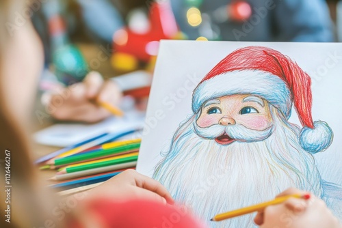 A little boy drew a colorful picture of Santa Claus with his colored pencils in class. His teacher is also looking at the picture photo