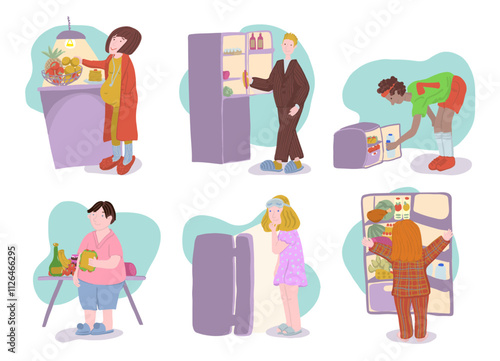 Man and Women Open Refrigerator for Food. Overeating Guilty Pleasure. Late Snack on Midnight.Unhealthy Bad Habbits in Vector Illustration. Overweight Diet. Junk Food Addiction Banner Image.