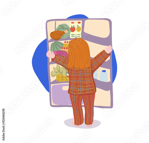 Women Open Refrigerator for Food. Overeating Guilty Pleasure. Late Snack on Midnight.Unhealthy Bad Habbits in Vector Illustration. Overweight Diet. Junk Food Addiction Banner Image.