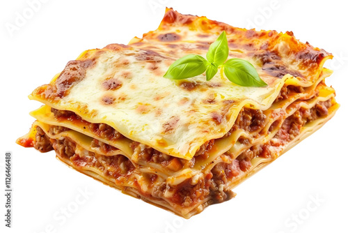 Satisfying classic lasagna served with a side of garlic bread isolated on transparent background