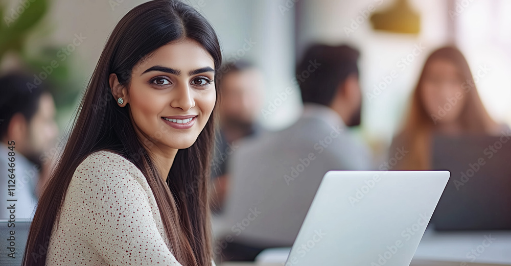 Fototapeta premium A close-up of a smiling woman with long dark hair, seated at a desk with a laptop. Professional and collaborative office environment in the background
