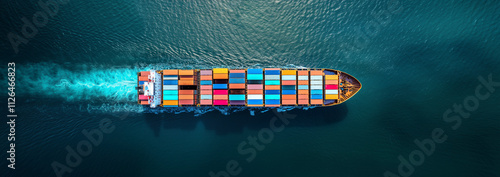 A top-down perspective of a container ship loaded with colorful cargo, creating a wake as it moves through deep blue waters, symbolizing global trade and logistics