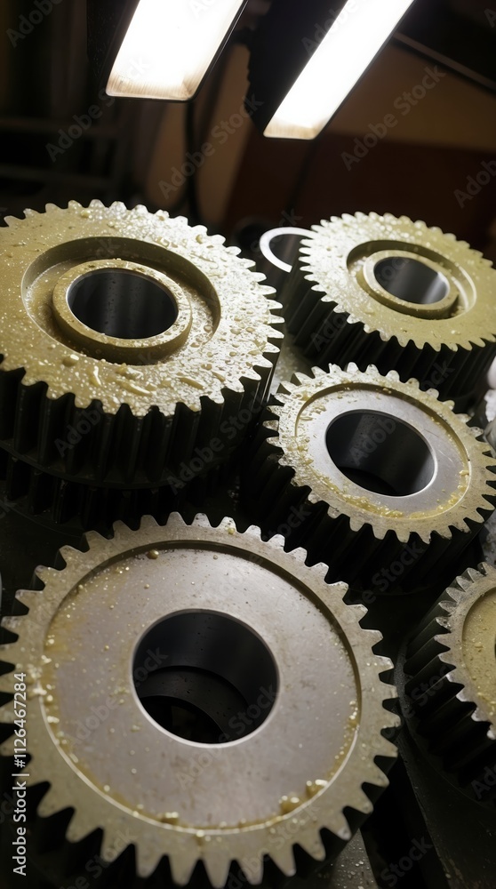 Close-up view of metallic gears with oil residue, illuminated by overhead lights, showcasing industrial machinery components and precision engineering. Close-up view of metallic gears with oil residue, illuminated by overhead lights, showcasing industrial machinery components and precision engineering.