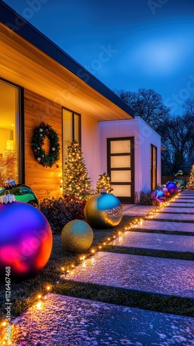 A bright and colorful modern home showcasing oversized ornaments in the yard, glowing pathways lined with festive lights, and a welcoming wreath on the door.