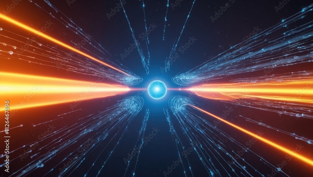 Obraz premium Dynamic blue and orange energy streams radiating from a central glowing sphere, creating a sense of motion and vibrancy against a dark background.