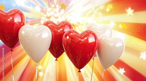 Heart-Shaped Balloons Against Vibrant Background with Bursting Light Rays and Stars for Celebratory Events