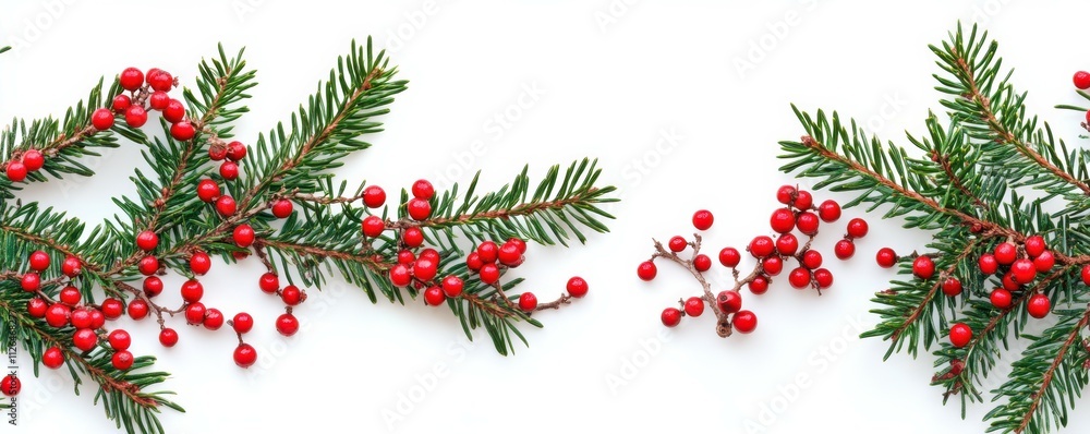 Christmas composition flatlay. Spruce branches, red berries on white background with space for text Christmas composition flatlay. Spruce branches, red berries on white background with space for text