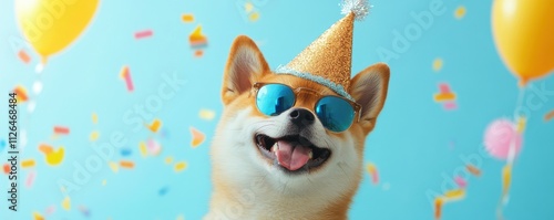 A cute shibu inu dog wearing a celebration party hat and sunglasses photo