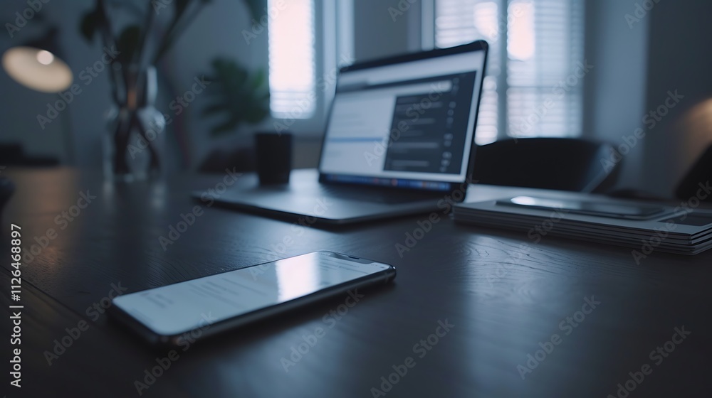 A modern workspace featuring a laptop, smartphone, and plant, all set in a softly lit room, creating a productive atmosphere. A modern workspace featuring a laptop, smartphone, and plant, all set in a softly lit room, creating a productive atmosphere.