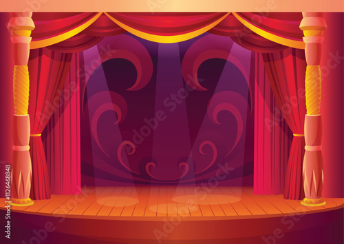 Theater stage with red curtains and on light. Vector cartoon illustration of theatre interior with empty wooden scene. Concert grand opening template