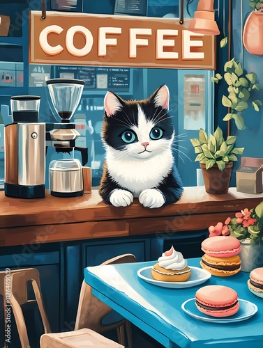 A cute black and white cat barista serving coffee in an urban cafe