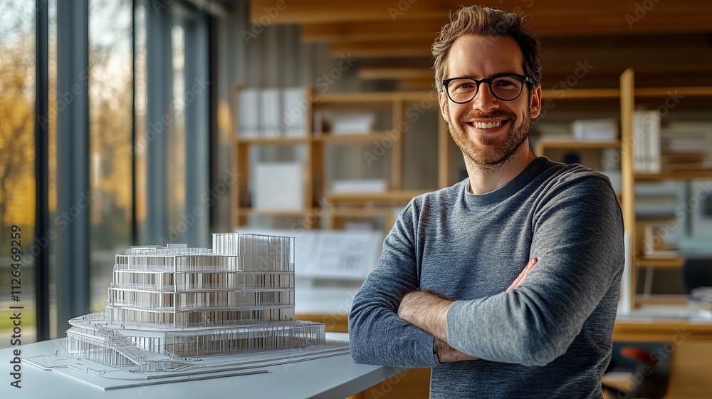 Fototapeta premium A professional architect or engineer smiling confidently in a modern office environment