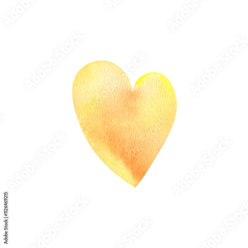 A yellow, watercolor heart on a white background. The illustration is hand-drawn. Valentine's day. A celebration of love. Clipart, stickers, logo, decor.