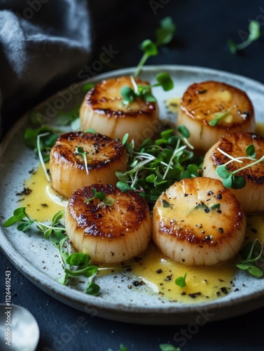 A plate of seared scallops garnished with microgreens and a drizzle of sauce.