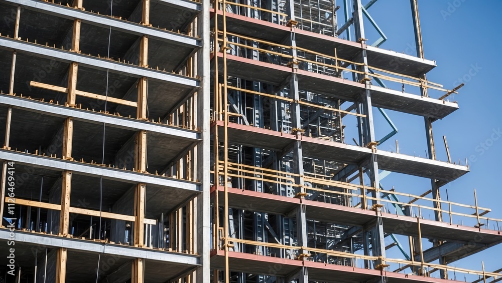 Construction site showcasing large concrete structure with scaffolding under clear blue sky, highlighting industrial development in urban area. Construction site showcasing large concrete structure with scaffolding under clear blue sky, highlighting industrial development in urban area.