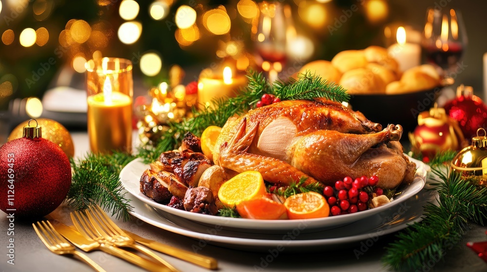 Festive Dinner Table with Roast Turkey, Seasonal Decorations, and Elegant Table Setting for Holiday Celebrations Festive Dinner Table with Roast Turkey, Seasonal Decorations, and Elegant Table Setting for Holiday Celebrations