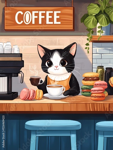 A cute black and white cat barista serving coffee in an urban cafe