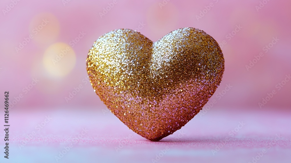 Fototapeta premium single textured heart crafted from golden glitter sits on smooth pastel pink surface softly illuminated with copy space