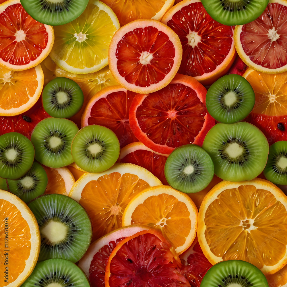A vibrant display of fruit slices arranged in geometric patterns or stacked artfully, A vibrant display of fruit slices arranged in geometric patterns or stacked artfully,