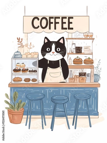 A cute black and white cat barista serving coffee in an urban cafe