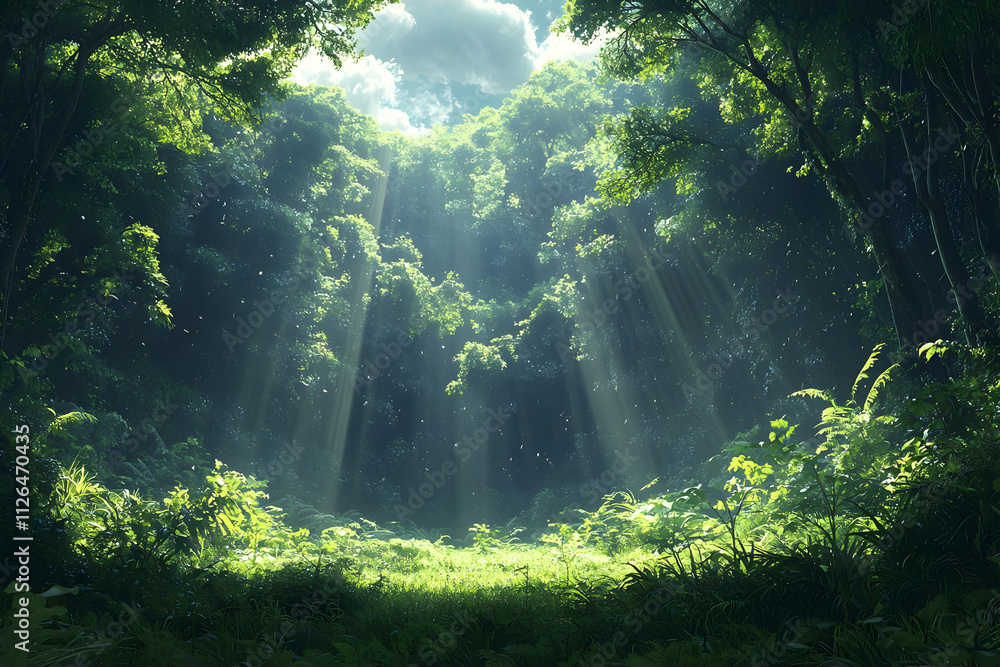 Sunbeams Illuminate Lush Forest Clearing Sunbeams Illuminate Lush Forest Clearing