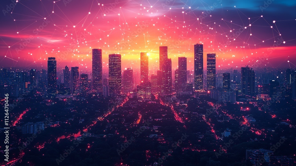 Smart city and buildings and abstract dot point connect with gradient lines , big data connection technology concept Smart city and buildings and abstract dot point connect with gradient lines , big data connection technology concept