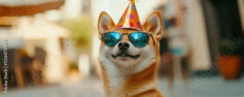 A cute shibu inu dog wearing a celebration party hat and sunglasses photo