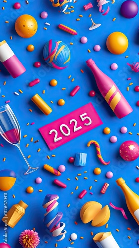 Festive Flat Lay Composition Celebrating New Year 2025 with Colorful Decorations, Drinks, and Party Supplies on Blue Background