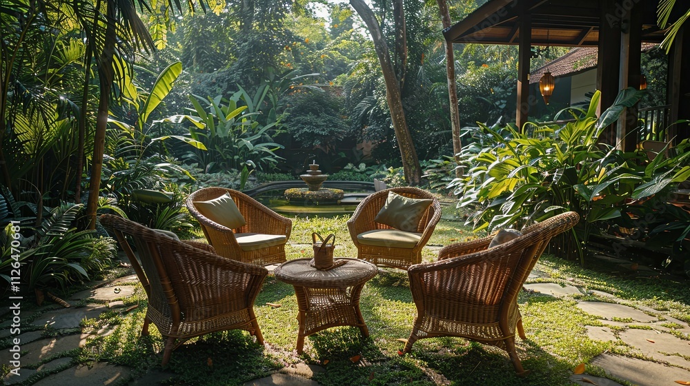 Serene Tropical Garden Patio with Wicker Furniture and Pond Feature Serene Tropical Garden Patio with Wicker Furniture and Pond Feature