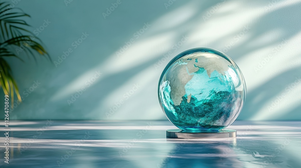 Teal Glass Globe Earth on Marble Global Sustainability Concept Teal Glass Globe Earth on Marble Global Sustainability Concept