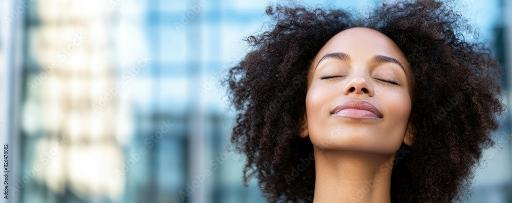 A confident businesswoman with closed eyes and curly hair stands in front of an office building, taking deep breaths to enjoy the fresh air outside during her break from work. A confident businesswoman with closed eyes and curly hair stands in front of an office building, taking deep breaths to enjoy the fresh air outside during her break from work.