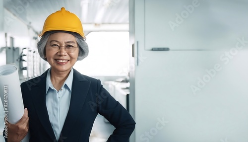 Smiling female architect in hardhat confidently leads construction team