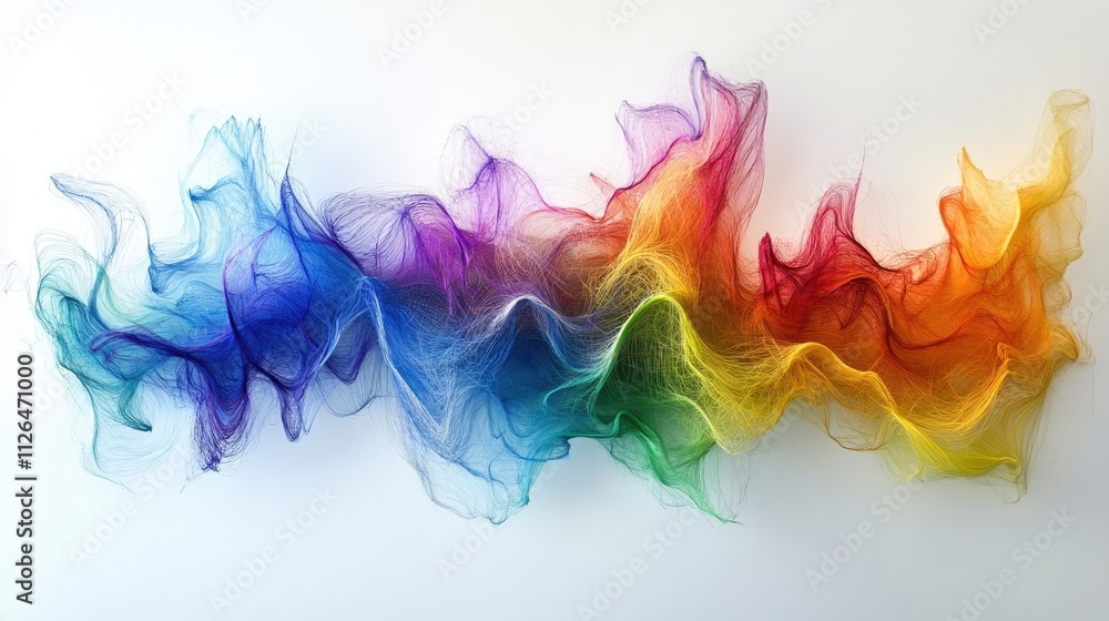 Abstract rainbow threads art; vibrant, colorful flowing lines, textile design, artistic background. Abstract rainbow threads art; vibrant, colorful flowing lines, textile design, artistic background.