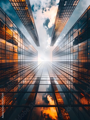 Looking up at a city skyline with towering glass buildings.