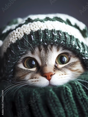 A close-up photo of an adorable cat wearing a Christmas-themed green and white knitted hat