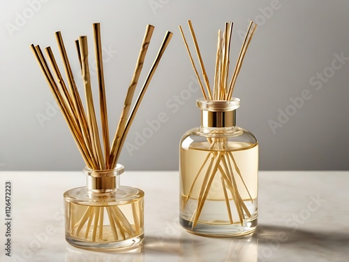 Two elegant reed diffusers with golden reeds and amber liquid photo