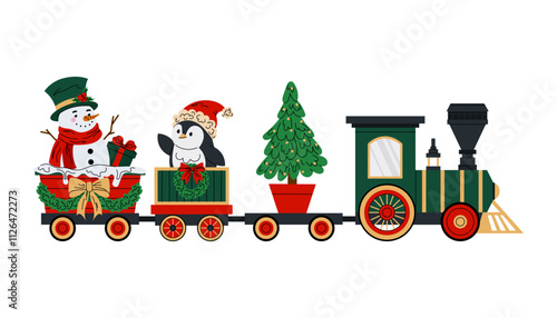 Toy train with snowman, penguin and Christmas tree. Steam train with wagons decorated Christmas wreaths and bows. Flat illustration on white background.
